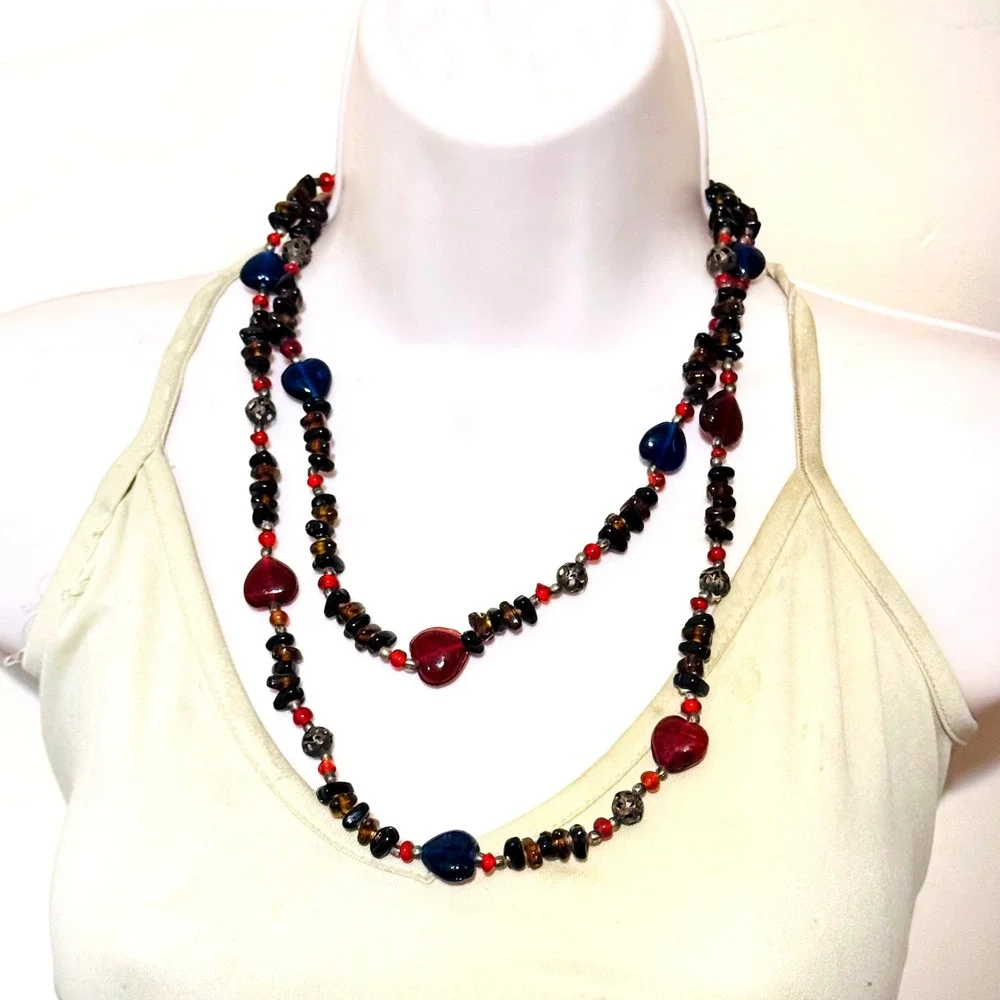 VTG BOHO Heart Necklace‎ colorful poured art Glass beads strand Statement 42